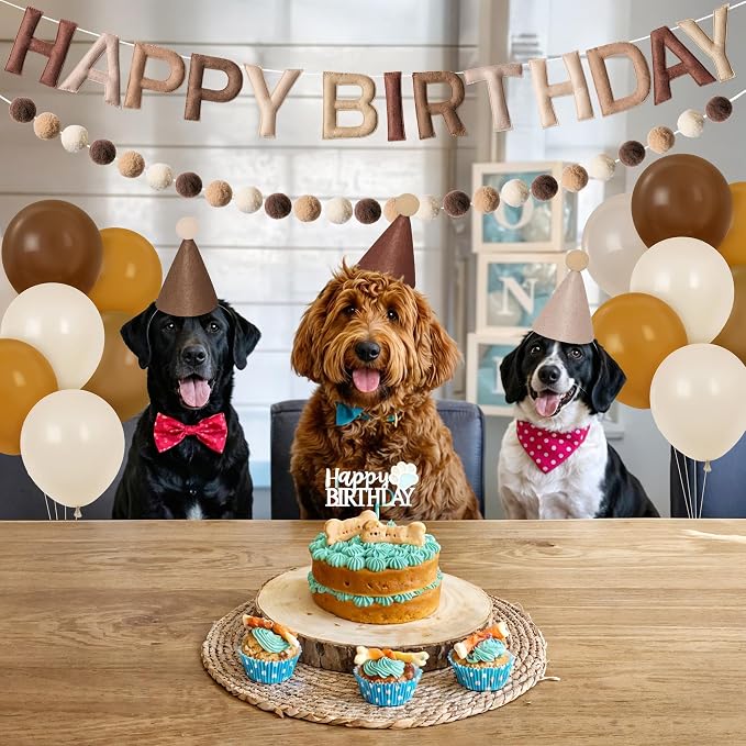 Kriyokiaa Pre-Strung Felt Happy Birthday Banner Retro Brown Happy Birthday Party Decorations with Party Hats for Stuffed Animals, Pom Pom Garland and Balloons for Women Men Boys Girls Party Decor