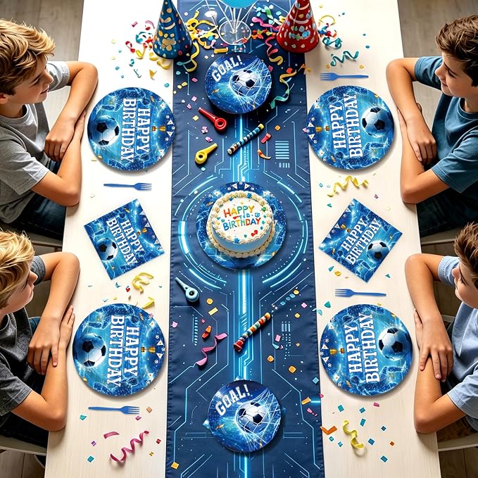 96Pcs Soccer Birthday Party Supplies Blue Soccer Plates and Napkins Sports Theme Tableware Set for Men Boys Sports Birthday Party Supplies, Serves 24