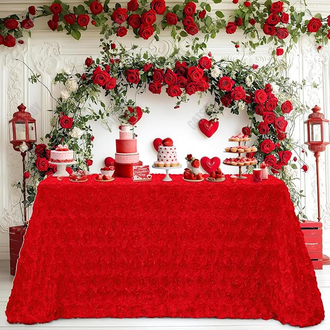 B-COOL Red Rosette Tablecloth 3D Red Floral Satin Tablecloths 90x156 Inch Brithday Holiday Party Decorations Wedding Party Linens