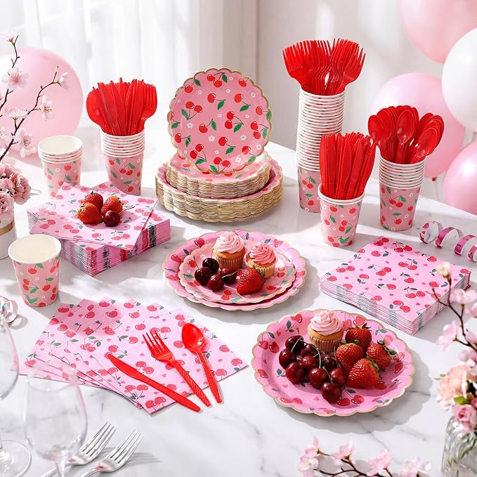Funnymoom 400 Pcs Cherry Party Supplies for 50 Guest Cute Fruit Birthday Disposable Plates Napkin Cup Spoon Fork Knives for Summer Picnic Wedding Birthday Baby Shower Bridal Party Supplies