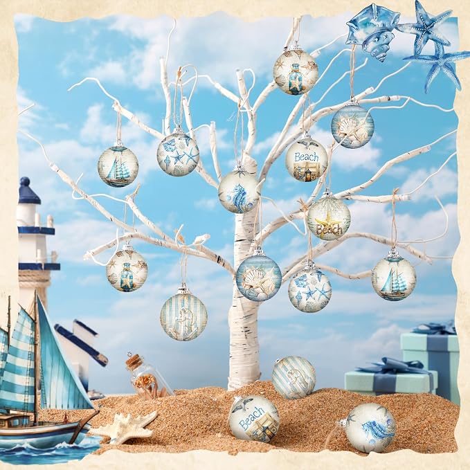 Outus 16 Pcs Summer Beach Ornaments Ball Ocean Beach Decorations for Tree Coastal Nautical Navigation Seashell Hanging Ornaments Xmas Decorations for Home Small Tree Fireplace Holiday Party Favors