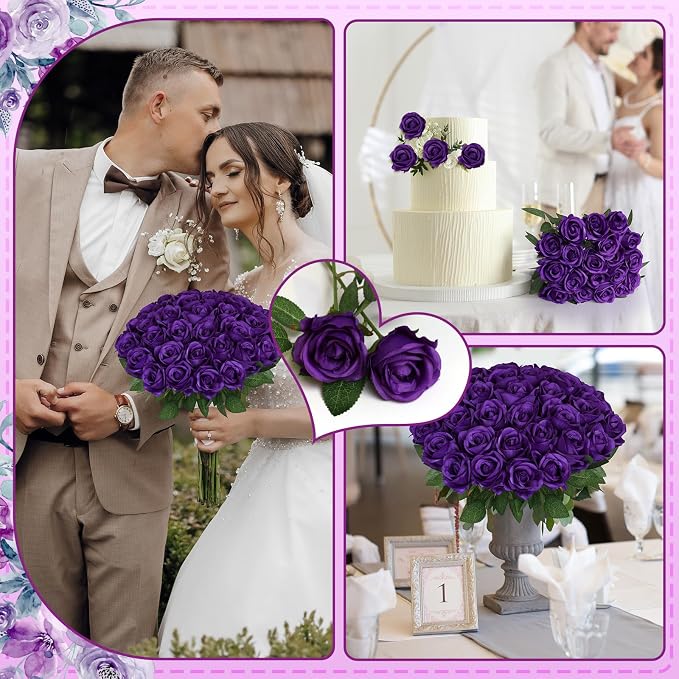 90pcs Fake Dark Purple Roses Artificial Flowers Bulk Realistic Silk Faux Rose with Stems for Wedding Decoration Anniversary Bridal Bouquet DIY Floral Arrangement Romantic Home Decor Gifts