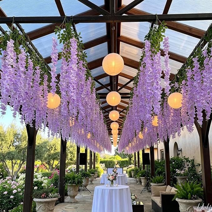 Artificial Wisteria Hanging Flowers Fake Wisteria Flower Garland Silk Vines Rattan Decor for Home Wedding Arch Wall Garden Greenery Bedroom Outdoor Office Party Decoration (24, Light Purple)