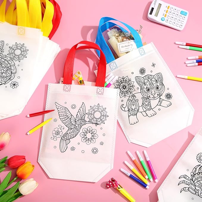 Pasimy 24 Pieces Mandala Animals Coloring Goodies Bags with 144 Makers Recycle Coloring Gifts Bags Color Your Own Totes for Kids DIY Painting Art Crafts Birthday Party Favors
