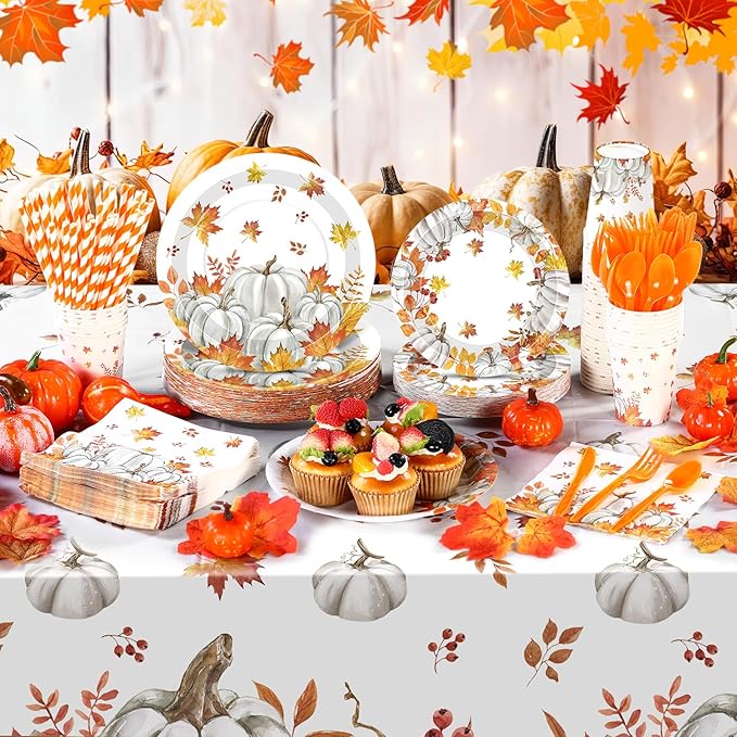 Funnymoom 452 Pcs Fall Thanksgiving Party Supplies Tableware Set for 50 Guests, Fall Pumpkin Maple Leaf Paper Plates and Napkins Cups Tablecloth Cutlery Straws for Autumn Harvest Party Decoration
