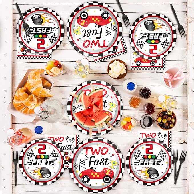 96pcs Two Fast Plates and Napkins Race Car Party Decorations Racing 2 fast Party Plates and Napkins Set Racing Sports Themed Dinnerware for Two Fast Kids Boys Birthday Supplies Favors, Serve 24