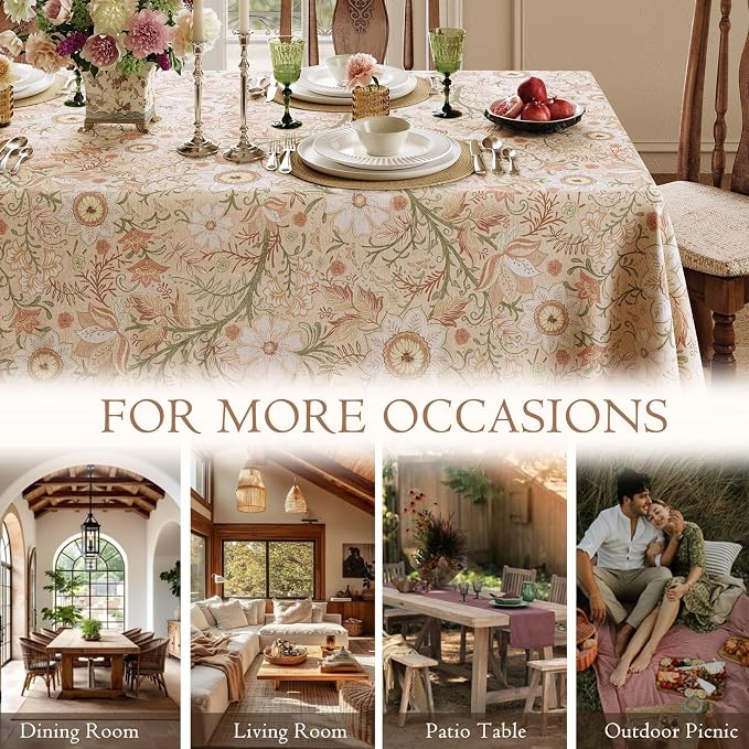 French Thick Linen Tablecloth for Rectangle Tables, Pink Floral Waterproof Wipeable Decorative Table Cover for Dining Kitchen Indoor Outdoor, 63" x 91", 6-8 Seats