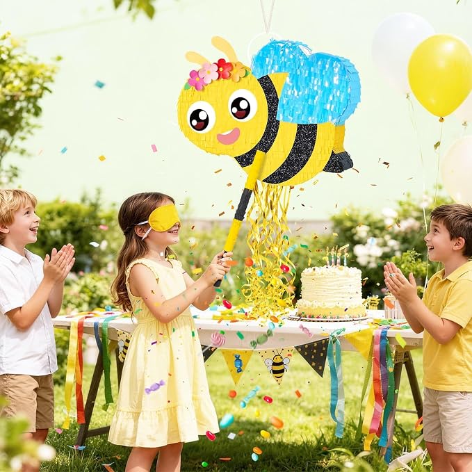 WERNNSAI Bee Piñata - Happy First Bee Day Decorations Cute Piñata with Blindfold and Bat for Kids Birthday Classroom Garden Party Game Supplies Baby Shower Spring theme Party Decorations