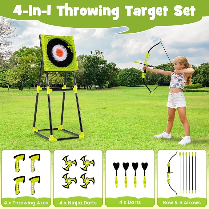 Costzon Axe Throwing Target Game for Backyard, 4 in 1 Kids Throwing Game w/5 Arrows, 3 Throwing Axes, 3 Ninja Darts, 3 Darts, Bristle Target & a Bow -Boys & Girls Indoor Outdoor Carnival Game Gifts