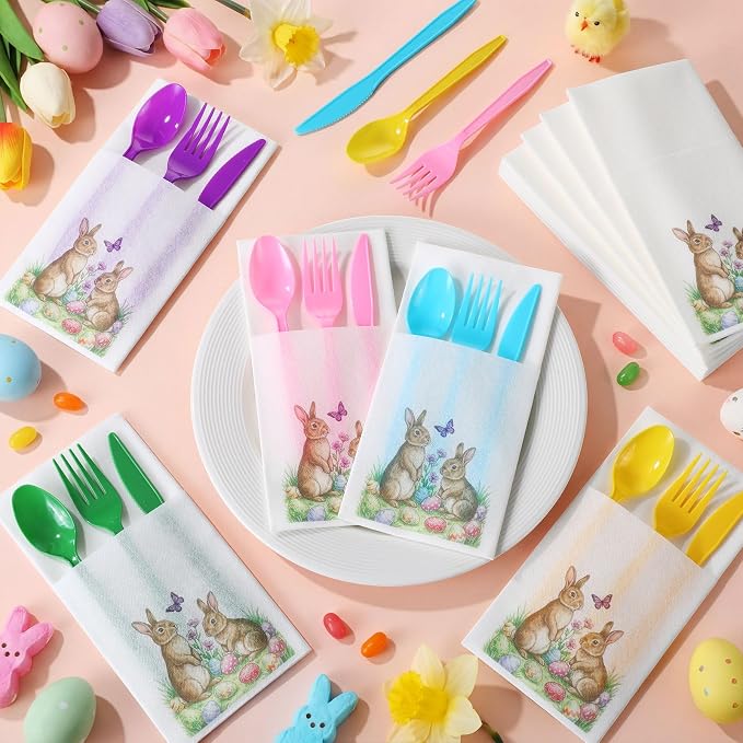 LemonRoad 50 Sets Easter Plastic Silverware Bunny Egg Disposable Prefolded Cutlery Includes Forks Knives Spoons Linen Paper Napkin Easter Tableware for Spring Gatherings Wedding Party Kitchen