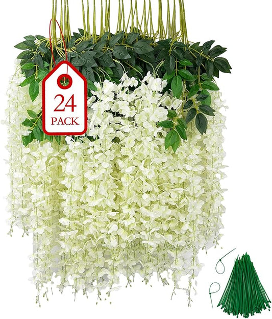 BIRDDIE 24Pcs of Artificial Wisteria Hanging Flowers, 3.75 Feet Fake Wisteria Flower Strings for Backdrop, Wedding, Ceremony,Garden and Home Wall Decoration (White)
