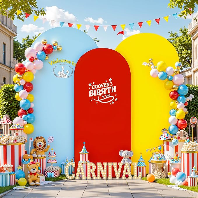 Set of 3 Arch Backdrop Covers(6ft, 5ft, 4ft) - Premium Stretchy Spandex Backdrop Arch Stand Cover for Baby Shower,Wedding,Party Decor Chiara Cover with Double-Sided Design(Red Yellow Blue)