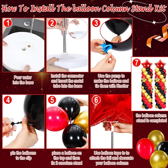 Gejoy 110 Pcs Red Gold Black Balloons Column Stand Kit Adjustable Tower Stand from 1.4 to 6.6 ft with Bases for Back to School Wedding Birthday Baby Shower Party