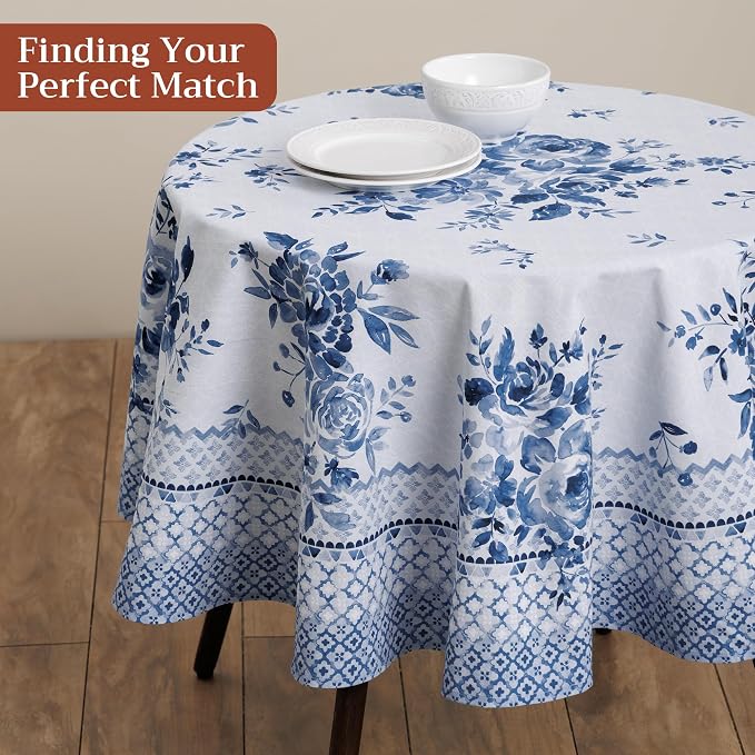 Maison d' Hermine Table Cloth Round Table 100% Cotton 69 Round Inches Tablecloth Reusable Decorative for Dining Kitchen Room Farmhouse Party Home Hotel Restaurant Spring Summer - Rose Garden - Blue
