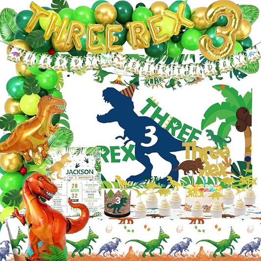128 PCs Three Rex Birthday Party Decorations Boy, Hombae Dinosaur 3rd Birthday Party Decorations Boys Backdrop Balloon Garland Arch Artificial Leaves Banner Cake Cupcake Topper Crown Poster