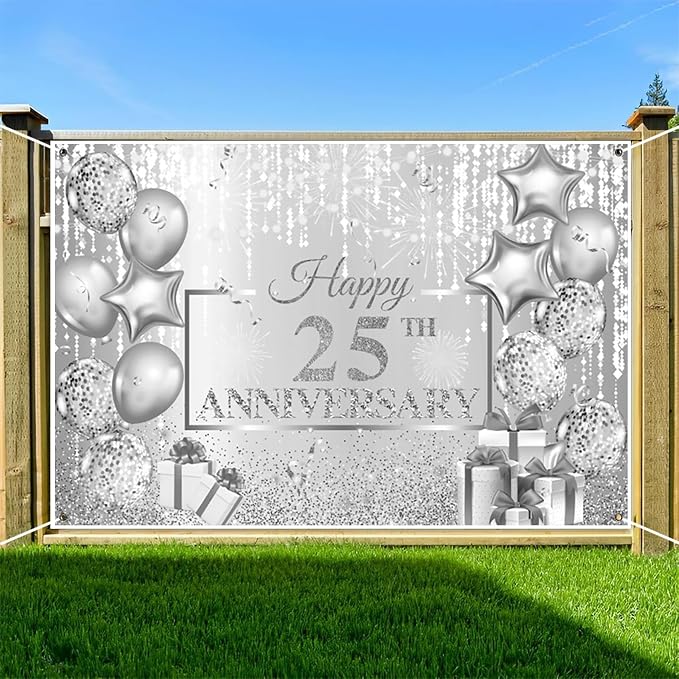 AOFOTO Happy 25th Anniversary Backdrop Glitter Grey Spots Ballons Printed Photography Background 25 Years Wedding Anniversary Party Home Wall Decor Supplies Banner Portrait Photo Studio Props 10x6.5ft