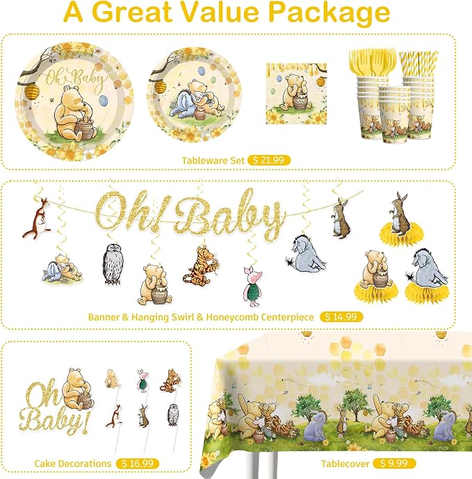 Xynic 201pcs Bear Baby Shower Decorations, Complete Disposable Tableware Set Includes 300gsm Plates Cupcake Toppers and 2 Plastic Tablecloths for Baby Shower and Party, Serves 25