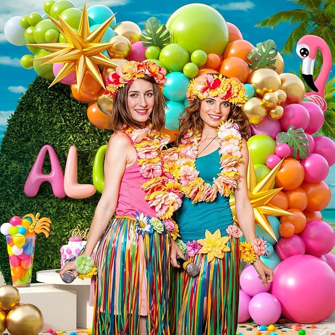 Summer Tropical Balloon Arch Kit, Rainbow Neno Balloon Arch, Hot Pink Green Orange lime Green Teal Blue Yellow Latex Rainbow Balloon for Hawaiian Luau Aloha Birthday Baby Shower Pool Party Decorations