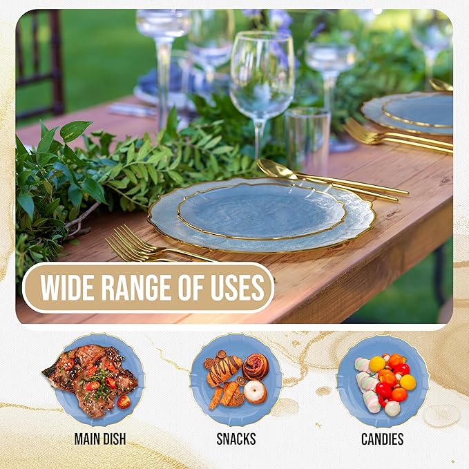 Exquisite Plastic Plates for Party 40 Piece Fancy Plastic Dinner Plates For 20 Guests 20 X 7.5 Dessert Plates & 20 X 10 Thin Delicate Disposable Dinnerware Charger Plate Spring Lake Gold Rim