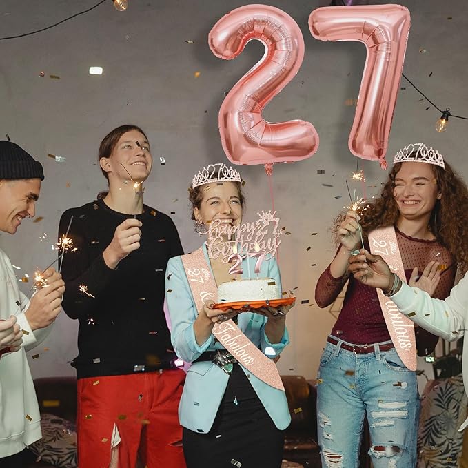 27th Birthday Decorations for Women, Include 27th Birthday Sash and Tiara, Cake Topper and Candles, Number Balloons, 27 Year Old Gifts for Women