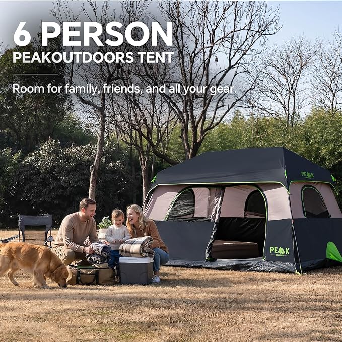 PEAK OUTDOORS Instant Tent 6/8 Person Tents for Camping, 60 Second Easy Setup Portable Camping Cabin Tent with Rainfly, Waterproof Pop Up Tents for Family Camping & Hiking with Expandable Carry Bag