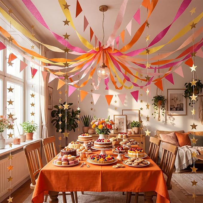 Frienda 14 Pcs Colorful Party Decorations Set 492ft Colorful Crepe Paper Streamers, 52.8ft Gold Star Garlands Backdrop and 4 Pennant Banner Flags for Wedding Birthday Fancy Party Hanging Decorations