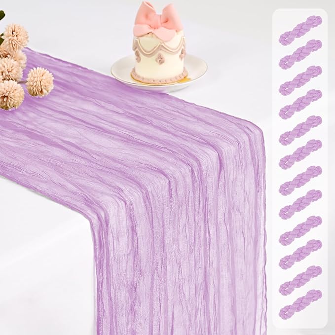 12 Pack Cheesecloth Table Runner,Light Purple Table Runner Long Romantic Semi Sheer Rustic Boho Gauze Table Runners for Wedding Bridal Shower Birthday Party Decorations(17.7×108 Inch)