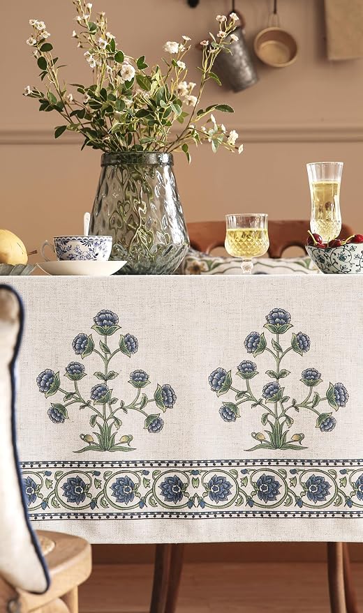 patdrea Vintage French Linen Tablecloth,Rectangular,79"x55"-Ivar B | Elegant Table Cloth for Rectangle Table,Blue and White Floral Patterned,Dining Room,Tea Party,Thanksgiving Decor