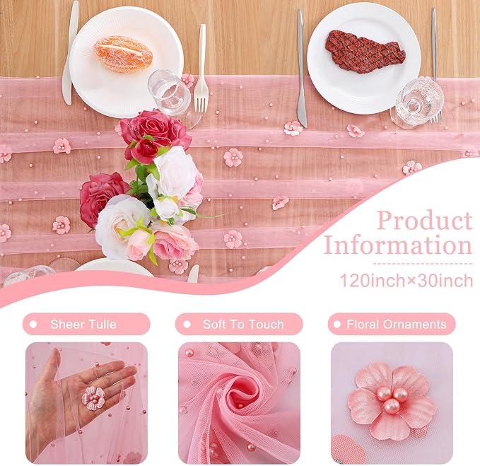 BINBE 4pcs Flower Pearl Table Runner Spring Summer Rustic Boho 10ft Tulle Table Runner for Baby Shower Wedding Veil Holiday Dessert Table Decor Pink