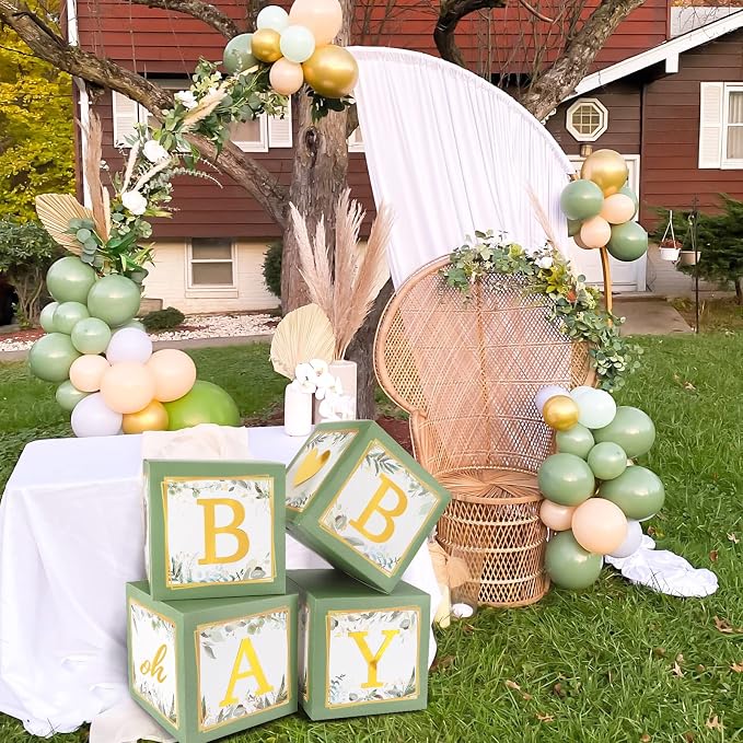 RUBFAC Baby Shower Boxes with Letters, 4pcs Sage Green Baby Shower Decorations for Boy Girl Balloon Boxes Gender Reveal Birthday Party Favors