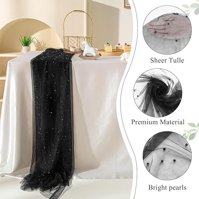 Set of 6 Pearl Table Runner 29 x 120 Inch Tulle Fabric Lace Table Runners for Bridal Shower Birthday Party Wedding Arch Dessert Table Decor(Black)