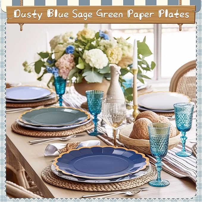 48 Pcs Dusty Blue Sage Green Paper Plates 9 Inch Green Blue Scalloped Paper Disposable Dinner Dessert Plates for Birthday Wedding Bridal Party Supplies, 6 Colors