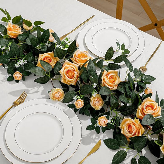 2 Pack 11.2 Ft Artificial Flower Garland with Champagne Roses, Realistic Fake Greenery Vines with 17 Roses Flowers for Wedding Table Centerpieces Arch Party Ceremony Backdrop Decor (Champagne)