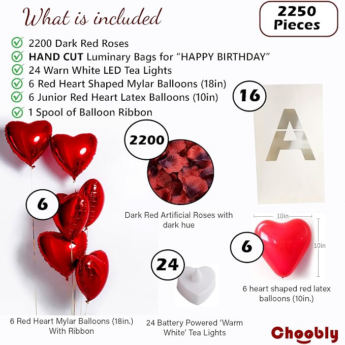 Luminary Bags with LED Tea Light Candles, Balloons, and Rose Petals – Romantic Decorations for Proposals, Anniversaries, and Special Moments (Happy Birthday)