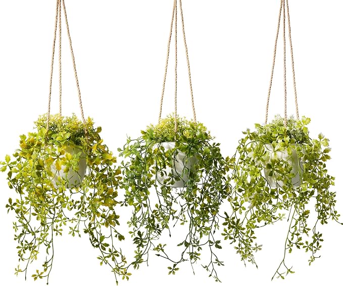 3 Packs 13" Fake Hanging Plants with White Pots for Wall Decor | Artificial Mandala Vine, Indoor/Outdoor Use, for Home Bathroom Bedroom Office Decor, Easy to Clean, Lifelike Appearance
