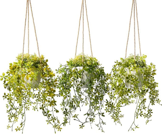 3 Packs 13" Fake Hanging Plants with White Pots for Wall Decor | Artificial Mandala Vine, Indoor/Outdoor Use, for Home Bathroom Bedroom Office Decor, Easy to Clean, Lifelike Appearance