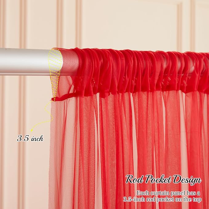 30x10ft Red Tulle Backdrop Curtain with Lights String for Parites, Sheer Backdrop Curtains for Wedding Baby Shower Birthday Party Photo Shoot Decorations