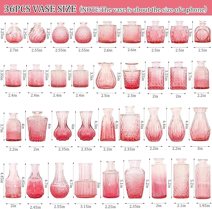 36Pcs Valentine's Day Bud Vases Set Small Vintage Glass Bottles Pink Bud Vases in Bulk Multiple Shape Cute Glass Vases for Rustic Wedding Centerpieces Table Decorations and Home Decor(Pink)