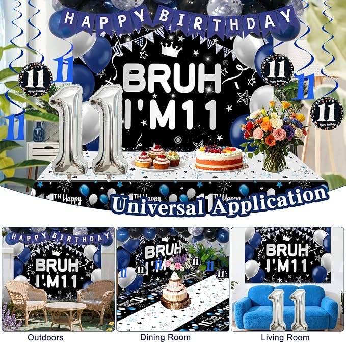11th Birthday Decorations for Boys & Girls, 54 PCS Blue Black Party Decorations, 11 Year Old Boy Birthday Party Supplie with Banner Backdrop, Hanging Swirls, Tablecloth, Bruh I'm 11 Party Supplies