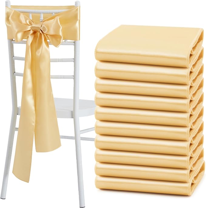 50 Pcs Gold Satin Chair Sashes Bows Universal Chair Cover for Wedding Reception Events Banquets Party, Hotel Event Decorations, 6 x 108 inch
