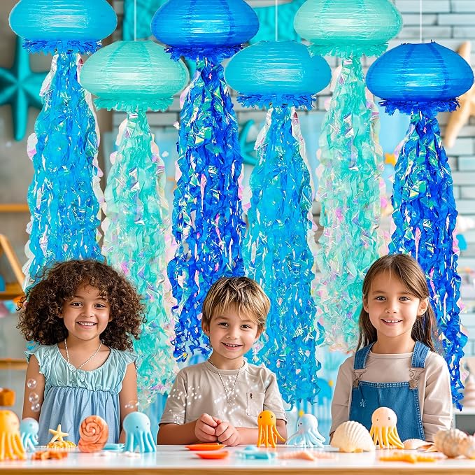 OBXT 10" Blue Jellyfish Paper Lanterns - Under the Sea Birthday & Mermaid Party Decorations, Ocean and Beach Theme Indoor Outdoor Hanging Decor, Baby Shower, Nautical Events (Set of 6)