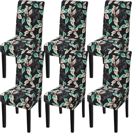 Fuloon Chair Covers for Dining Room 6 Pack, Printed Stretch Dining Slipcovers, Washable Kitchen Slip Covers for Parson Chair Midnight Leaves Printed, Set of 6