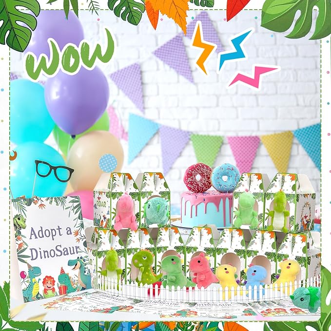 38 Pcs Adopt a Dinosaur Pet Party Favors Include 12 Mini Dinosaur Stuffed Animals 12 Foldable Boxes 12 Adopt Dinosaur Cards 1 Adopt Sign 1 Adopt Fence for Adopt a Pet Party (Plush)