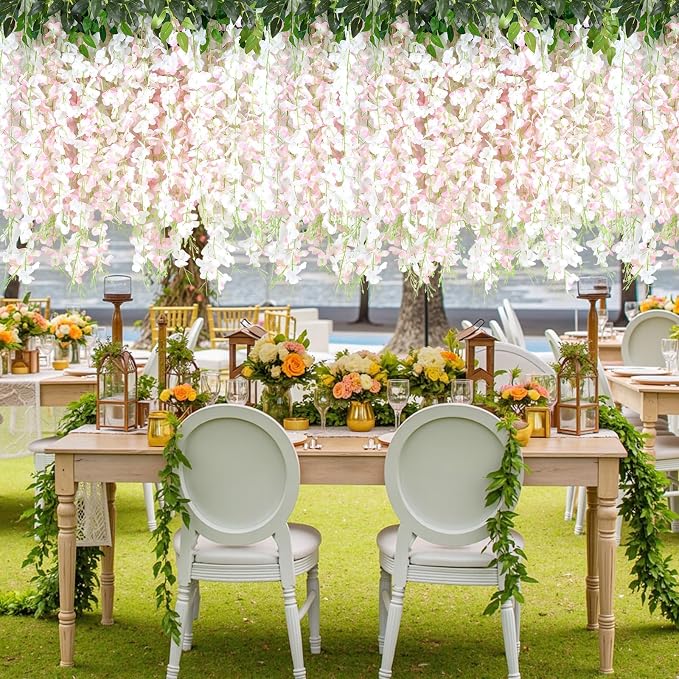 48Pcs Artificial Wisteria Hanging Flowers, 3.6Ft/Pcs White & Pink Fake Wisteria Garland for Wedding Party Home Garden Indoor Outdoor Decoration