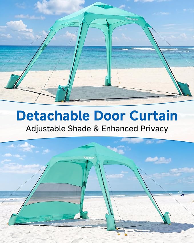 Slsy Beach Tent 10 x 10 FT, Beach Shelter with Removable Side Wall, UPF 50+ Sun Protection Canopy Cabana, Easy Setup Shade with Sandbags, Stakes & Guy Lines, Wind Resistant, Fits 6-8 People