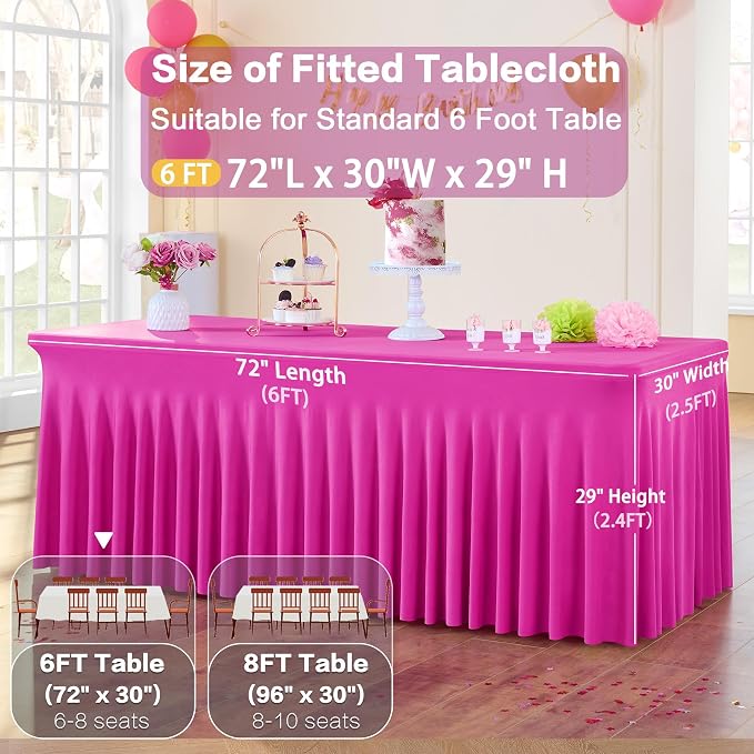 6ft Hot Pink Spandex Tablecloths for Rectangle Tables, 4pk Stretchy Table Cloths Fitted Tablecover 6 Foot Fuchsia Desk Skirt for Weddings Birthday Party Banquet Baby Shower