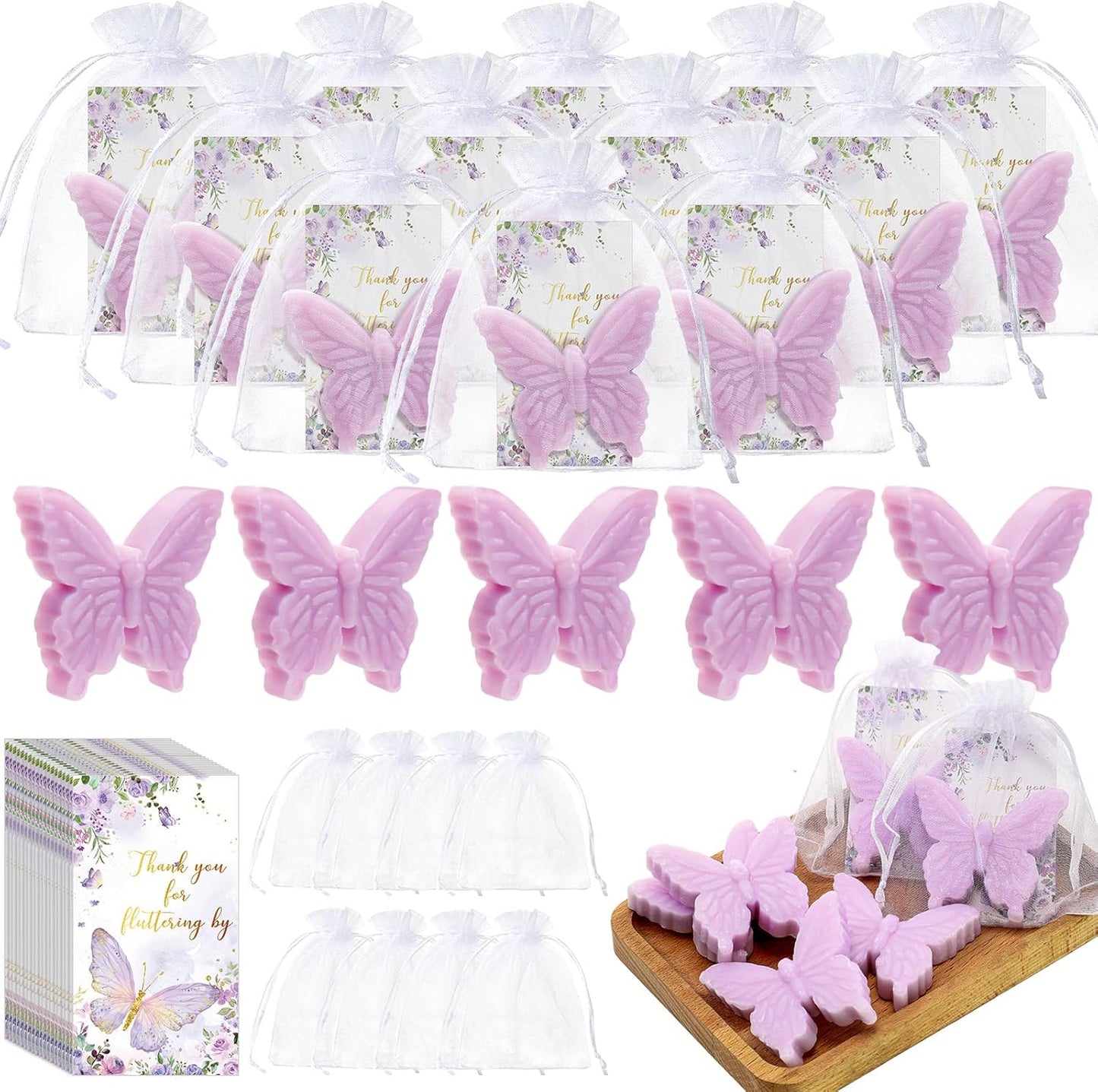 Dunzy 100 Set Butterfly Theme Baby Shower Favors for Guests Butterfly Soap Favors with Thanks You Cards Gift Bags Gender Reveal Baptism Party Decorations Wedding Bridal Souvenirs (Purple)