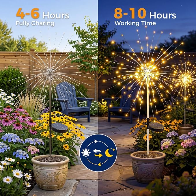 btfarm 6 Pack 120 LED Solar Garden Lights Outdoor, 8 Modes Firework Lights Solar Powered, Waterproof Twinkle Fairy Light Outside for Yard Patio Pathway Pool Christmas Party Decorative, Warm White