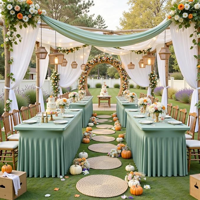 NSSONBEN 2 pk Sage Green Spandex Tablecloth for 8 Foot Rectangle Tables,Wrinkle Free Fitted Spandex Table Covers 8ft Stretch Table Cloths with Ruffle Skirt for Parties Weddings Banquet Baby Shower