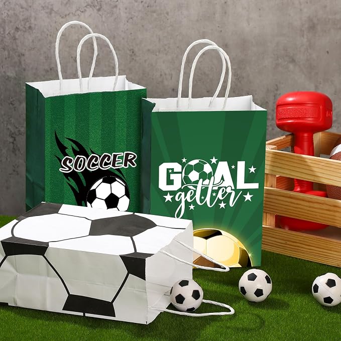 Outus 24 Pcs Soccer Party Favor Bags Sports Ball Goodie Gift Paper Bags with Handles Sports Ball Candy Treat Pouch for Sport Football Party Birthday 2026 World Soccer Decorations Supplies